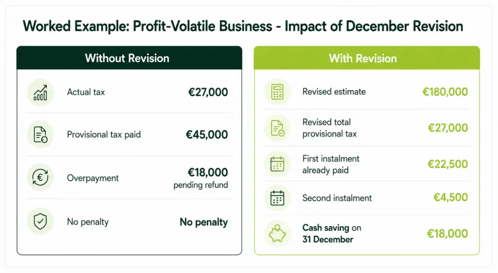 Cyprus provisional tax December revision example - cash saving of EUR18,000 by revising estimate before 31 December